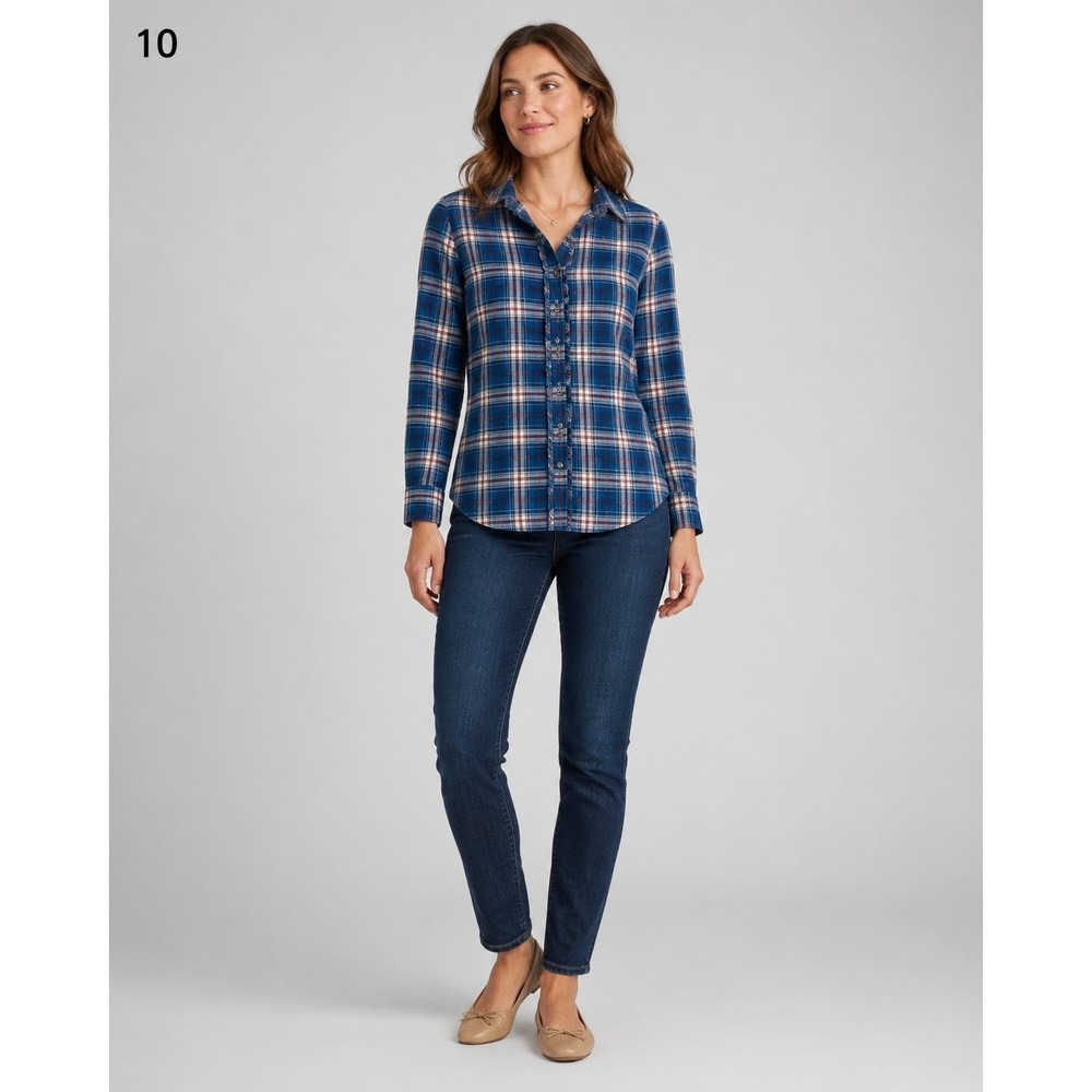 Eddie Bauer Button Front Shirt Womens XS Blue Red‎ Plaid Cotton Ruffle Trim
